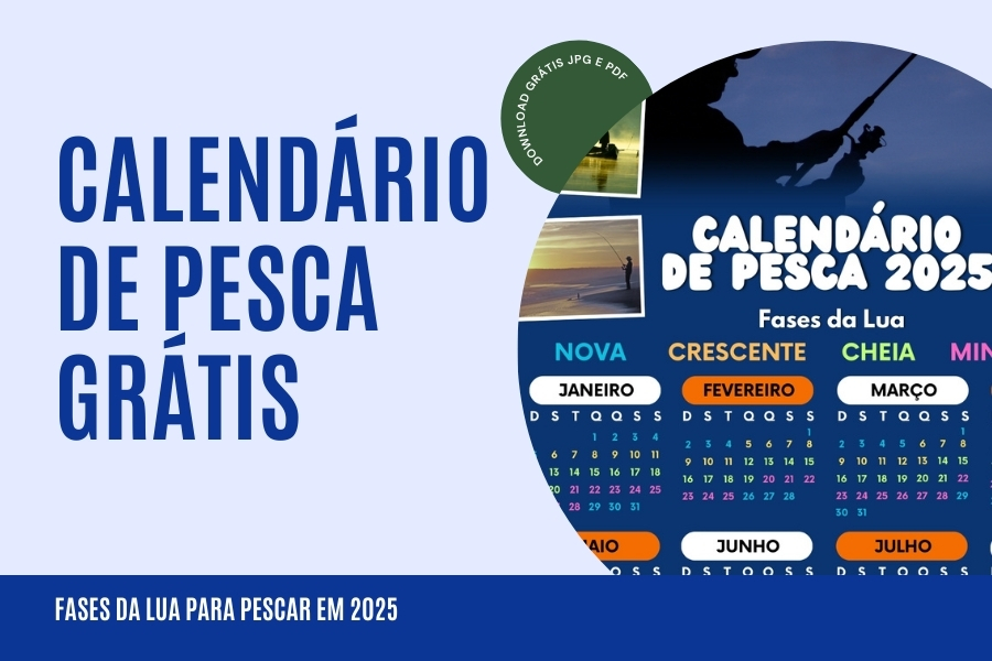 Calendário lunar de pesca 2025 grátis em PDF e JPG. Planeje suas pescarias com as melhores fases da lua e aumente suas chances de sucesso!